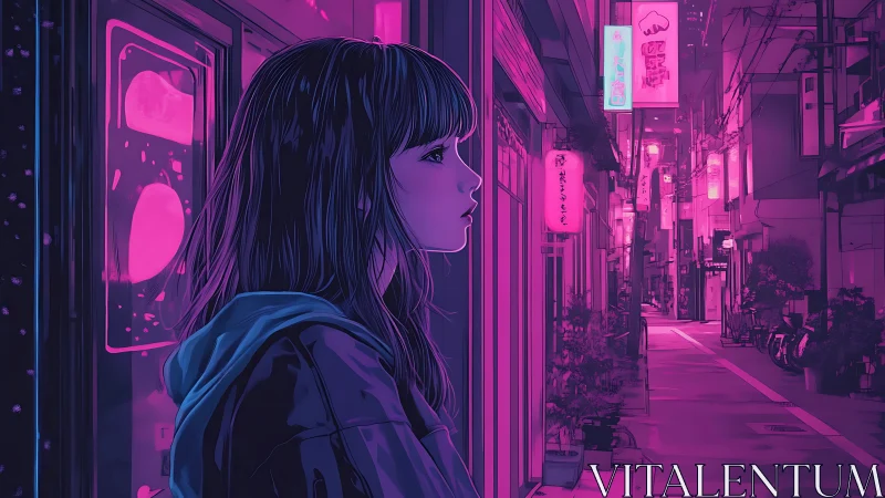 Quiet night wanderer bathed in neon cityside glow.