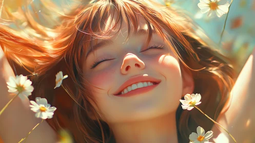 Smiling girl with daisies in warm sunlit close up portrait.