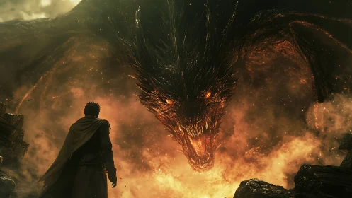 Lone warrior confronts a fire-breathing dragon in molten dusk