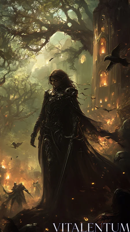 Armored figure with sword in burning forest stronghold.