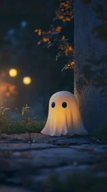Gentle glowing ghost lamp brightening a quiet garden night.