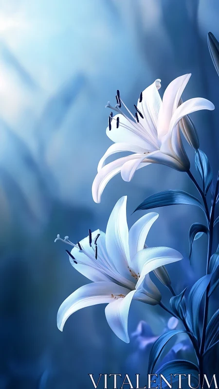 White Lilies Bloom Against Blue Atmospheric Light.