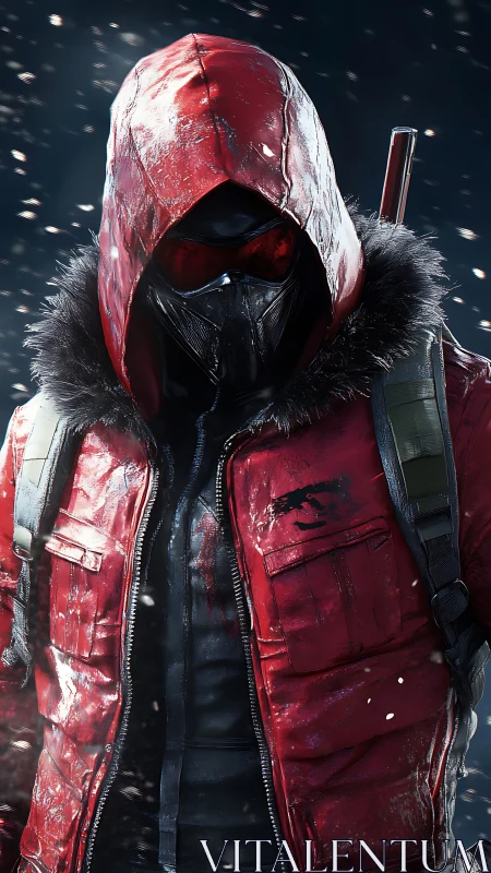 Winter rogue in a crimson hooded jacket under falling snow.