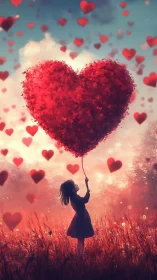 Figure Holding Composite Heart Balloon Against Sky