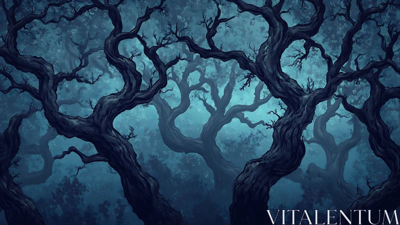 Twisted moonlit forest of gnarled trees in blue fog.