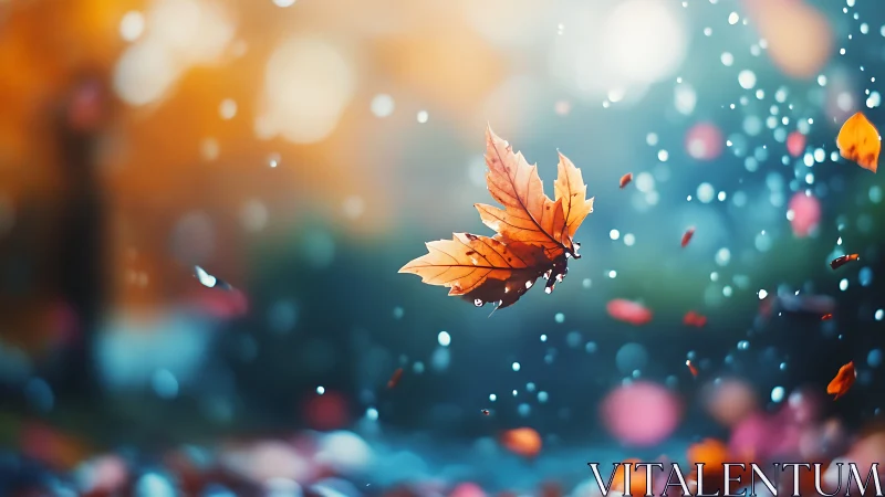 Single maple leaf in midair against blurred autumn scene.