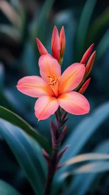Clivia miniata flower cluster with unopened buds against blurred foliage background