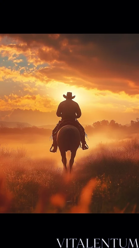 Lone cowboy rides homeward beneath a glowing sunset sky