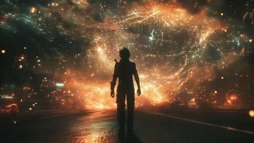Silhouetted figure faces massive fiery vortex over city street