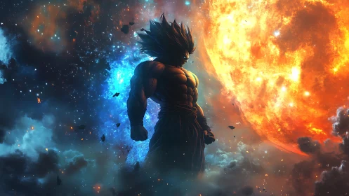 Cosmic warrior stands defiant between blazing sun and void