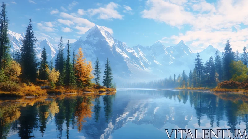 Snow-covered mountain range reflects in calm forest lake