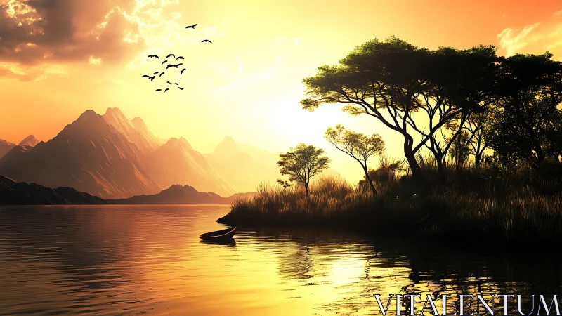 Sunlit lakeside trees and mountains form layered landscape