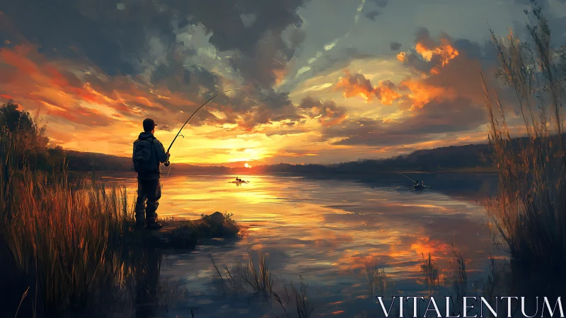 Solitary angler studies glowing sunset across calm river