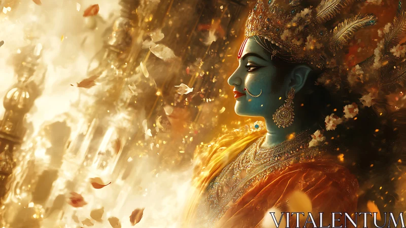 Divine blue-skinned deity rendered in high-contrast golden bokeh field