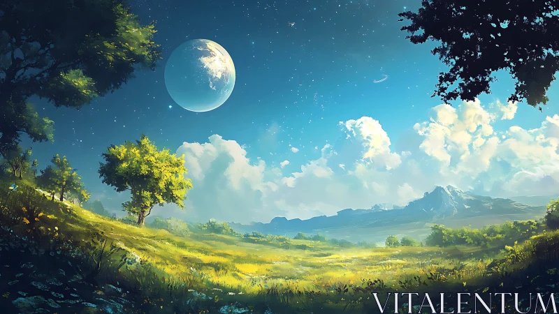 Luminous meadow under huge planet in bright blue sky.