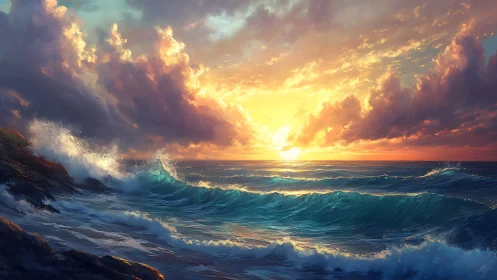 Sunset light over breaking ocean waves and rocky shoreline.