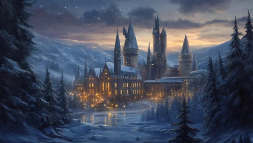 Snowbound fantasy castle glows warmly against a hushed night