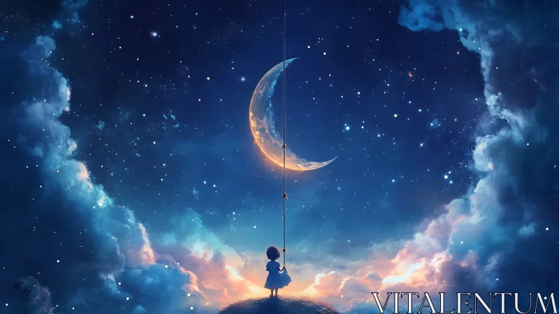 Luminous crescent tethered above stargazing child in nebular sky.