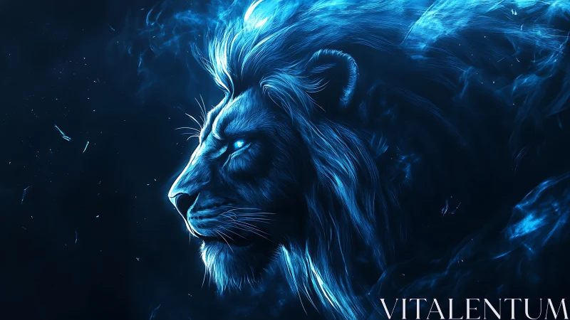 Mystic blue lion gazes proudly through glowing cosmic mist