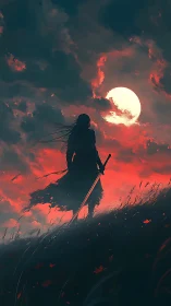 Moonlit wanderer guards a burning horizon of scarlet clouds.