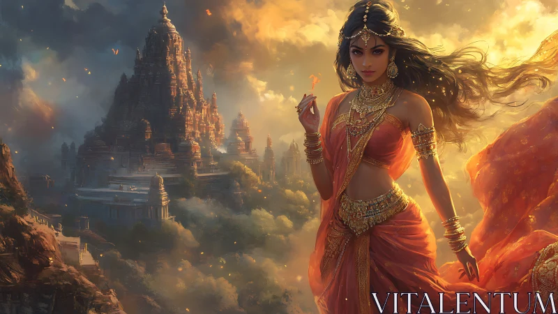 Flame crowned goddess strides before mist veiled temple citadel.