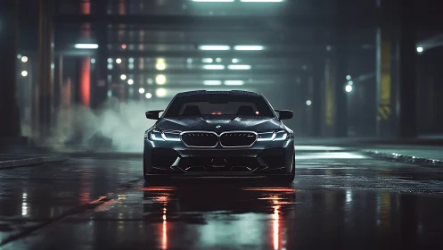 Sport sedan front view in dim industrial parking space.