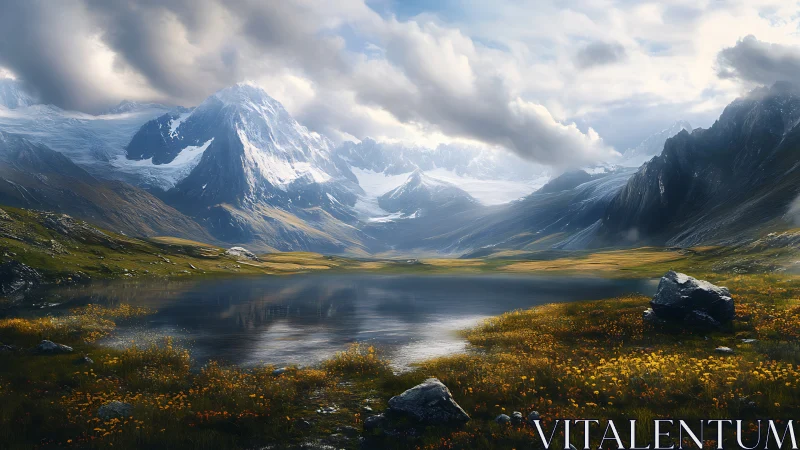 High dynamic range alpine lake landscape with volumetric clouds