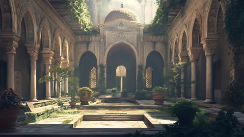 Sunlit Moorish courtyard where ivy and silence conspire.