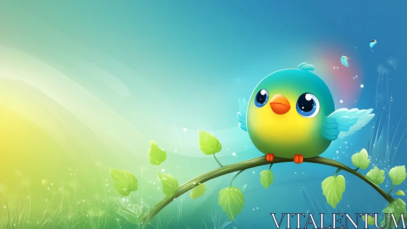 Adorable Cartoon Bluebird on Branch in Vibrant Digital Art Style.
