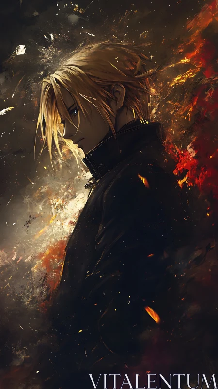 Profile view shows blond figure against chaotic, fiery backdrop