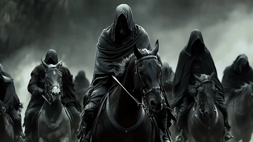 Shadowed riders surge from the mist on dread black steeds.