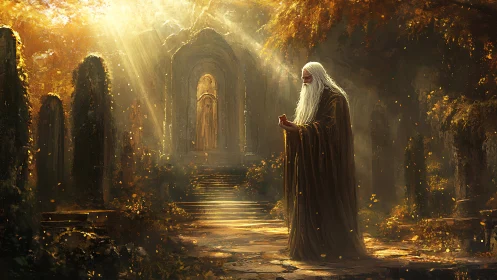 Sun-drenched elder wizard wandering a forgotten golden temple.