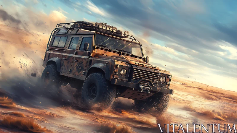 Off-road utility truck powers through dusty desert terrain