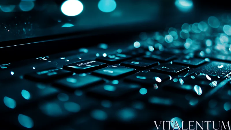 Backlit wet keyboard glows in cool cyberpunk blue light