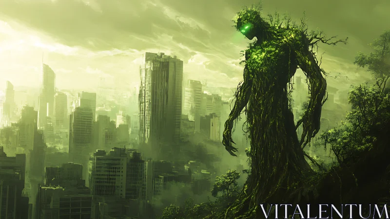 Gentle forest giant watching over a misty green city.