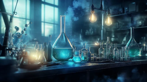 Midnight alchemy lab drenched in electric blue experiments.