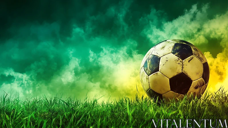 Weathered soccer ball rests on vivid green stadium grass.