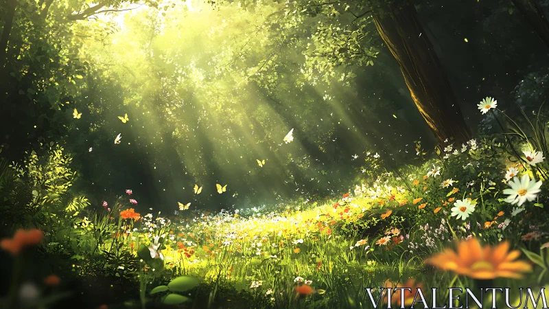 Sunlit forest meadow with wildflowers and butterflies.