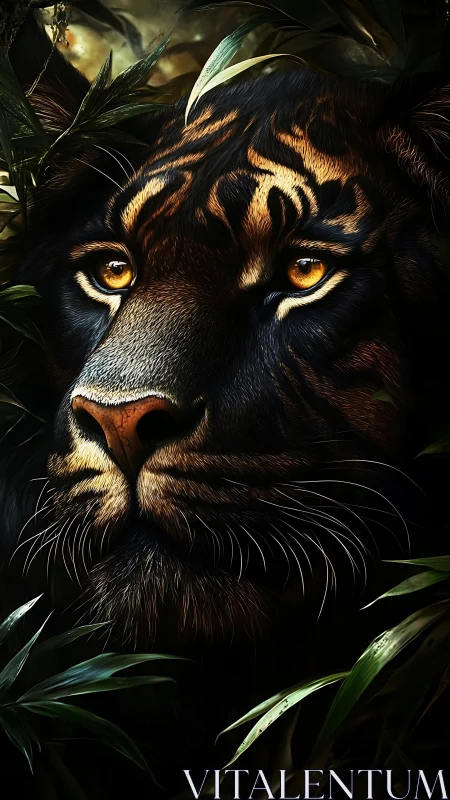 Majestic tiger gazes through shadowed jungle foliage at dusk