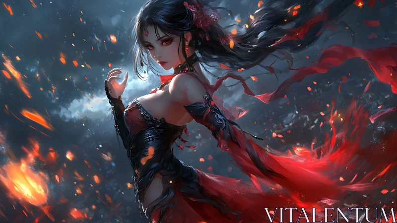 Volcanic sorceress amid embers in dynamic digital vortex.