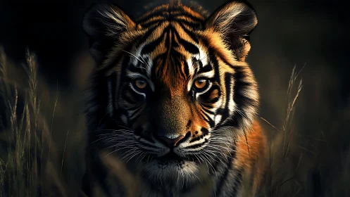 Tiger portrait in low light with focused forward gaze.