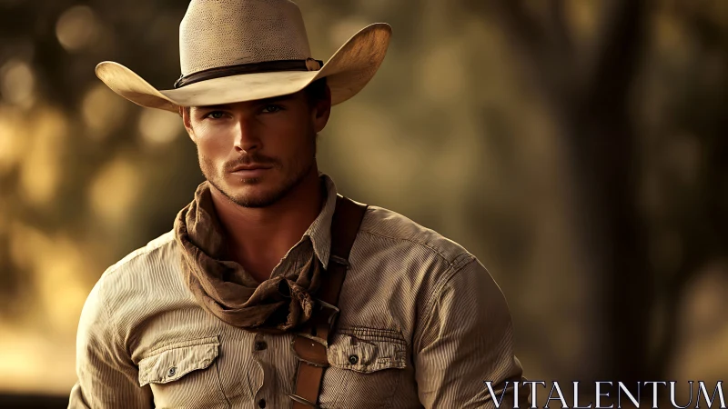 Sunlit cowboy pauses in the dust and quiet of the open range