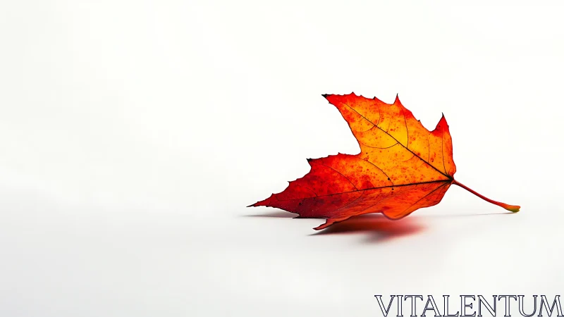 Single red-orange maple leaf lies on clean white background