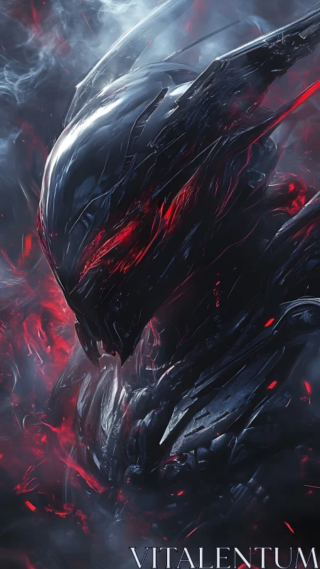 Cybernetic wraith emerges in swirling red and smoke-lit void.