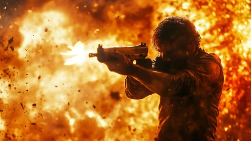 Silhouetted Gunman Against Explosive Inferno.