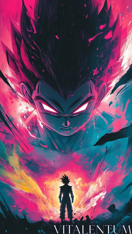 Anime warrior silhouette amid giant glowing aura portrait.