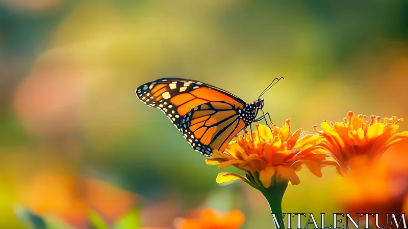 Photorealistic monarch butterfly on marigolds in soft bokeh field.