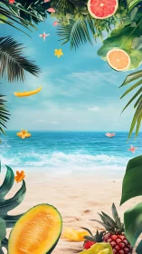 Tropical beach backdrop with floating citrus and melon slices