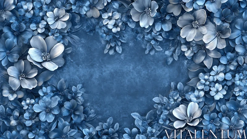 Blue Floral Composition with Central Void Space