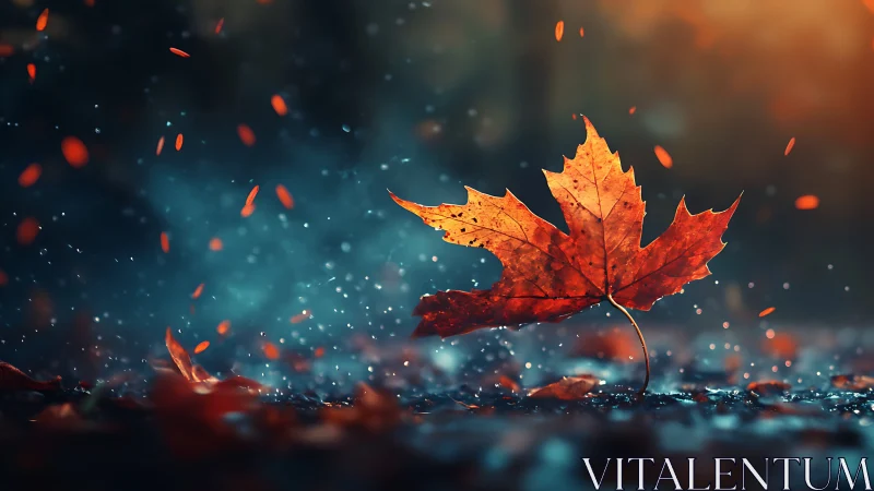 One glowing autumn leaf dances gently in soft evening light